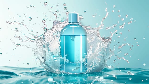 Modern realistic brand poster with a mouthwash bottle in a water splash. Promo banner, advertising background.