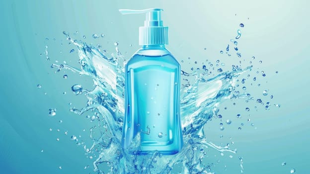 In this modern realistic brand poster you'll see a mouthwash bottle in a splash of water- a product for protecting your teeth that you can use as a cosmetic product for dental care. Promo banner.