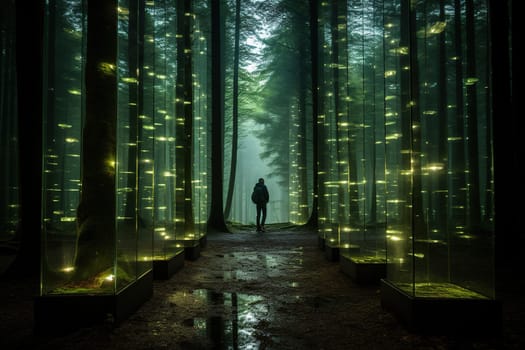 Silhouette of a man in a mystical mysterious forest with lights.