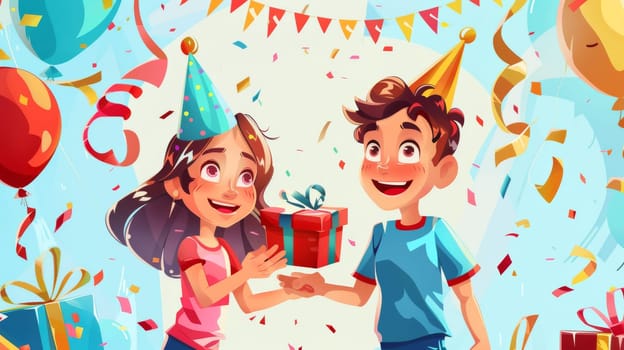 An invitation banner for a children's birthday party. A little girl in a festive hat receives a gift from a boy. An invitation banner with confetti and garlands around. Modern illustration of