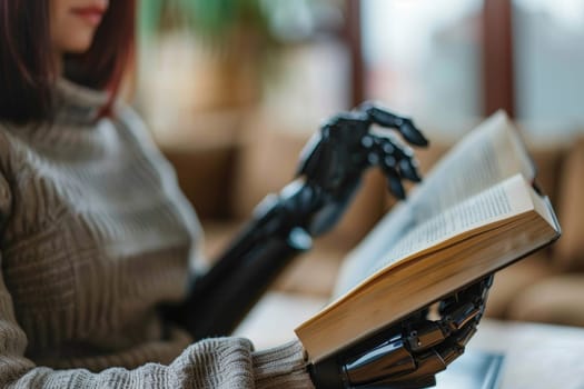 Cropped view of a woman with prosthesis arm typing while reading electronic book on digital tablet. ai generated