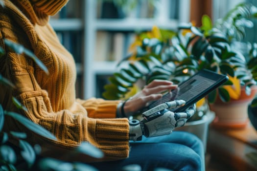 Cropped view of a woman with prosthesis arm typing while reading electronic book on digital tablet. ai generated
