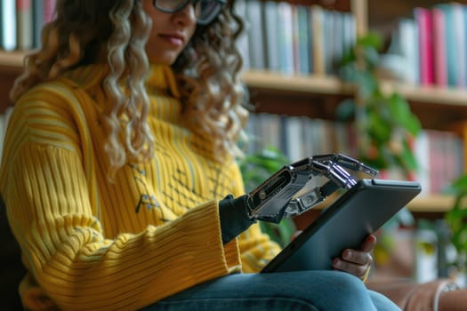 Cropped view of a woman with prosthesis arm typing while reading electronic book on digital tablet. ai generated