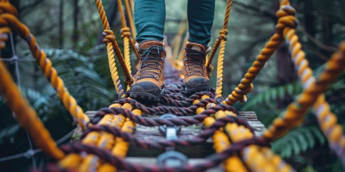 View of high ropes course, process of climbing in amusement activity rope park. ai generated