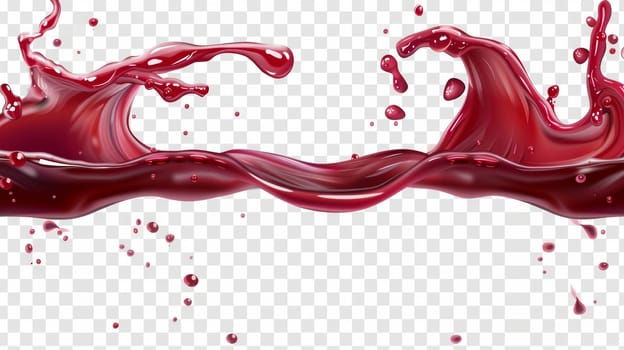 Modern set of realistic liquid waves of flowing fruit drink, strawberry, grape or cherry juice with horizontal splashes isolated on transparent background.