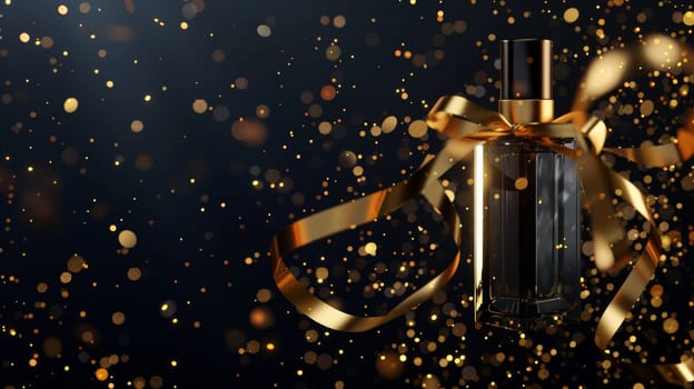 The design features a gold ribbon-wrapped perfume bottle on a black background with confetti and glowing sparkles. Female fragrance cosmetics and promo posters. 3D modern modern ad banner.
