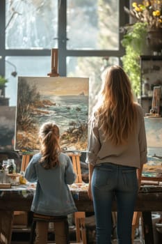 A woman and her daughter are painting on an easel in their art studio.