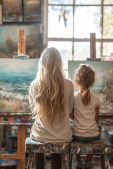 A woman and her daughter are painting on an easel in their art studio.