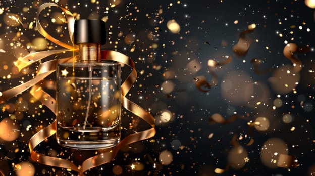 In this realistic 3D modern ad banner you can see a perfume bottle with gold ribbons on a black background with glittering confetti. It is a cosmetics package design for women. Ladies' fragrance
