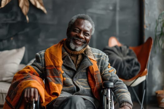Smiling middle aged african american male in wheelchair, in living room interior with gray wall, free space. ai generated