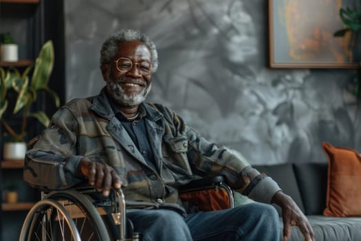 Smiling middle aged african american male in wheelchair, in living room interior with gray wall, free space. ai generated