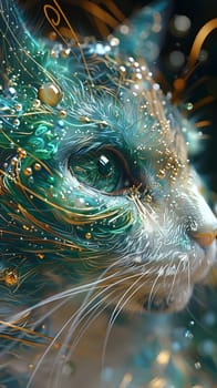 A close up of a Carnivore Felidaes face with green and gold paint, featuring whiskers and a snout. Inspired by big cats, this art depicts a terrestrial animal in electric blue featherlike detail