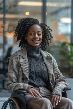 Smiling young african american woman in wheelchair, at work in the office, free space. ai generated