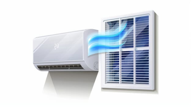 Modern realistic mockup of split system for climate control with cold wind flows. Air conditioner isolated on white background.