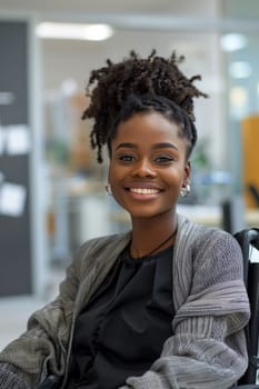 Smiling young african american woman in wheelchair, at work in the office, free space. ai generated