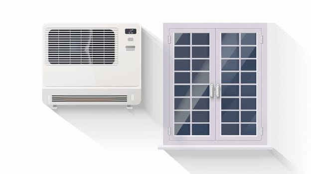 Mockup of a split climate control system with cold wind flows on a white background with an air conditioning unit mounted on a wall and a conditioning ventilator attached to a window. Modern