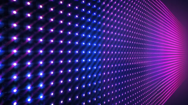 Blue and purple dot lights on a black background adorn the LED concave wall video screen. Modern illustration of a grid pattern for an LED display in a stadium or on a scene.