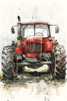 A watercolor painting depicting a red tractor stuck in the mud, showcasing details of the vehicles tire tread and wheels