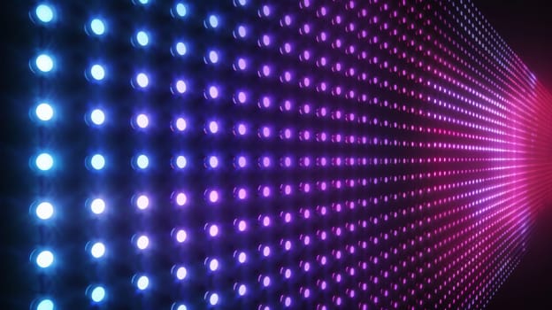 A digital panel with mesh diode lamps with a grid pattern of glowing blue and purple dot lights is illustrated on a black background.