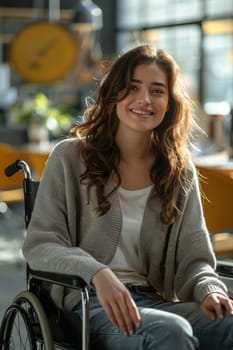 Smiling young woman in wheelchair, at work in the office, free space. ai generated