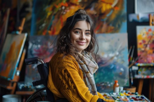 Smiling young woman in wheelchair, at work painting a picture, free space. ai generated