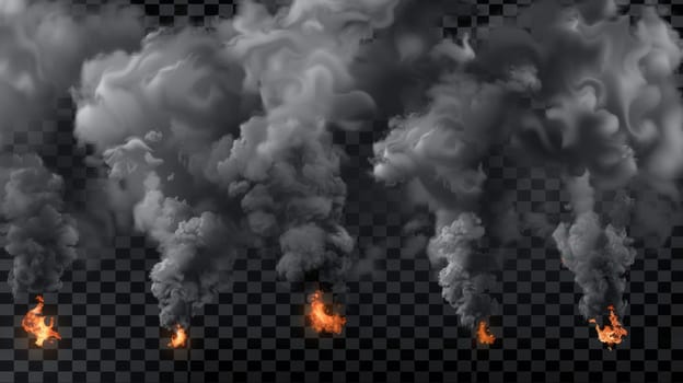 The image shows a black smoke trail including a fire, dark smoke clouds, or steam trails. It represents an industrial smog, factory or plant environmental air pollution isolated on a transparent