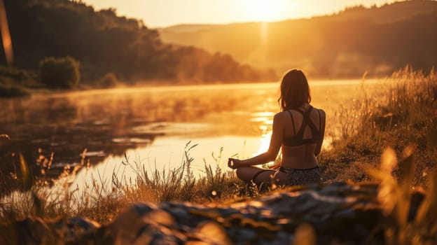 The picture of the young or adult female human doing the yoga pose for relaxation or meditating the mind in the middle of the nature under the bright sun in the daytime of a dawn or dusk day. AIGX03.