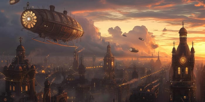 Fantasy steampunk airships float amongst clouds against a dramatic sunset backdrop, evoking adventure and exploration. Resplendent.