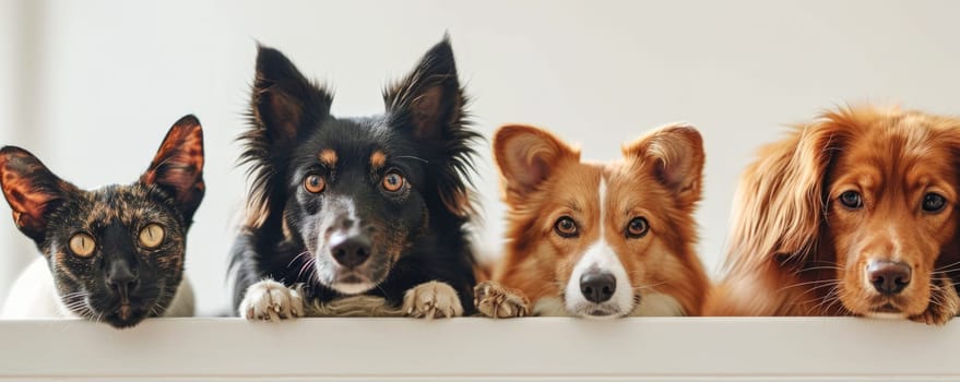 The picture of front view and close up of the multiple group of the various cat and dog in front of the bright white background that look back to the camera with the curious and interest face. AIGX03.