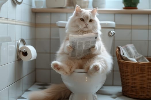 A domestic cat is sitting on the toilet and reading a newspaper.