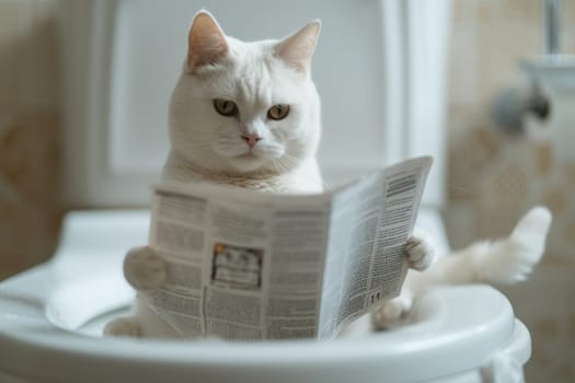 A domestic cat is sitting on the toilet and reading a newspaper.