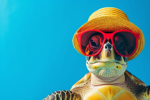 A turtle wearing glasses and a hat is relaxing on a tropical beach.