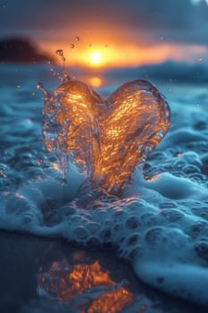A heart made of splashes of water against the background of the sea. The concept of love.