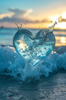 A heart made of splashes of water against the background of the sea. The concept of love.