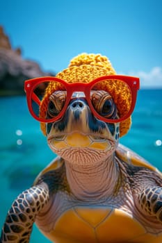 A turtle wearing glasses and a hat is relaxing on a tropical beach.