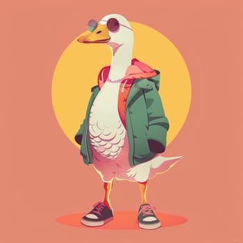 Anthropomorphic cool goose.Kawaii aesthetic, cottage-punk style, eccentric and candid, funny. High quality illustration