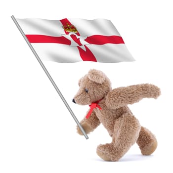 A Northern Ireland flag being carried by a cute teddy bear