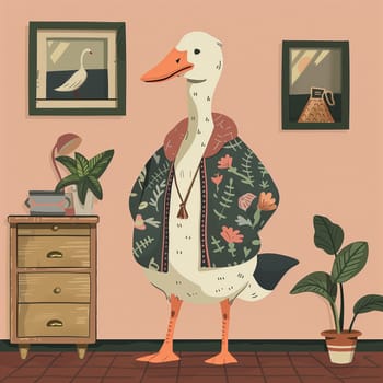 Anthropomorphic cool goose.Kawaii aesthetic, cottage-punk style, eccentric and candid, funny. High quality illustration