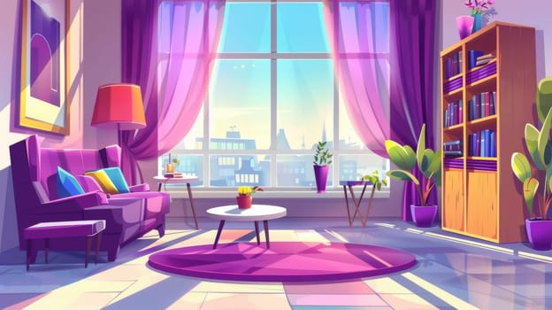 Modern cartoon illustration of empty lounge interior with sofa, chair, cabinet, books on table and big window with purple furniture and curtains.