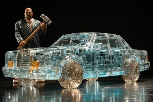A glass car and a man with a sledgehammer on a black background. The concept of destruction and durability.