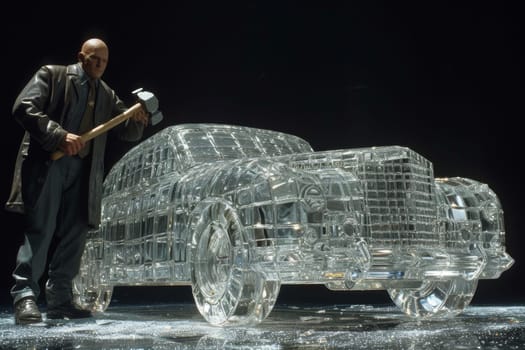 A glass car and a man with a sledgehammer on a black background. The concept of destruction and durability.