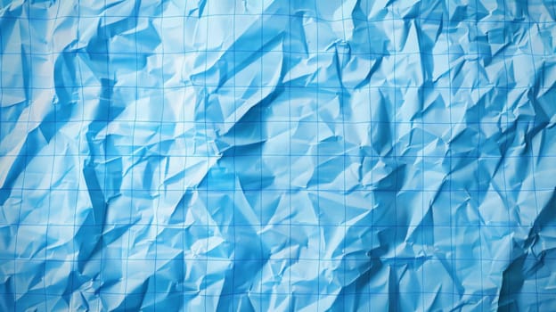 Modern illustration of crumpled blue checkered paper texture. Note page mock up, educational template with wrinkles and folds.