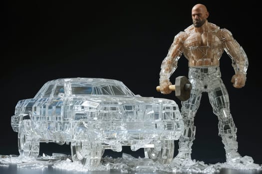 A glass car and a man with a sledgehammer on a black background. The concept of destruction and durability.