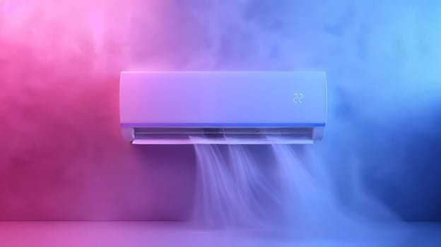 Realistic 3D modern illustration of an air conditioner with cold and warm wind waves, refreshing and purifying effect. Electronic modern appliance for controlling temperature and climate in a room.