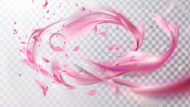 Isolated wind swirls with flower pink petals on transparent background. Modern illustration of spiral air vortex with flying blossom petals.