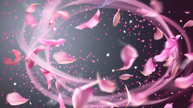 A spiral air vortex with flying blossom petals, magic dust splashes in the wind. Modern illustration of spiral air vortex with flying blossom petals and transparent background.