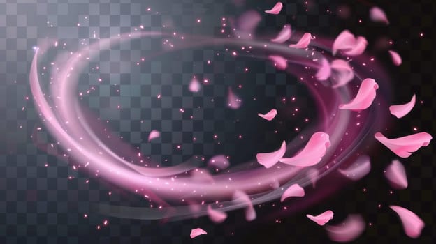 An air vortex with flying blossom petals, magic dust splash, and wind swirls isolated on transparent background. Modern realistic illustration of spiral air vortex with flying blossom petals, magic