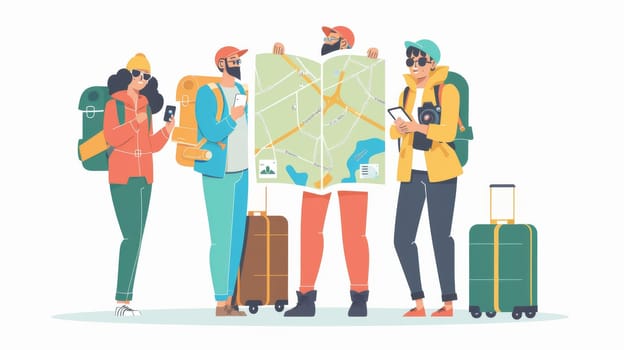 Several people with suitcases, maps, cameras and binoculars during travel. Concept of tourism, journey and trip. Modern illustration as flat design. Tourists with suitcases, cameras, backpacks,