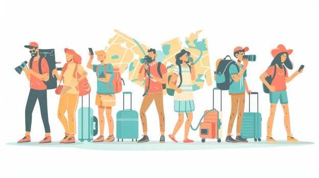 The concept of tourism, journey, trip is represented by people with suitcases, maps, cameras, backpacks, smartphones and binoculars. Modern flat illustration of tourists, persons with luggage,