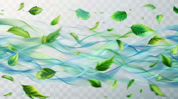 Flying green leaves in a fresh wind motion with mint leaves isolated on transparent background, modern realistic illustration.